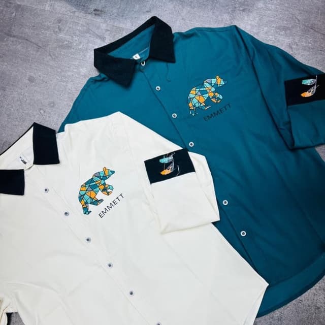 Teal, White, Black, and various geometric colors (orange, yellow, blue, and green) Shirt