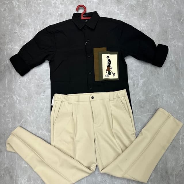 Black, Beige, Brown, White Shirt and Pants