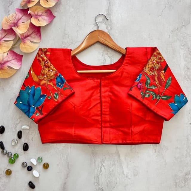 Red, with Multicolor floral and bird prints on sleeves Blouse