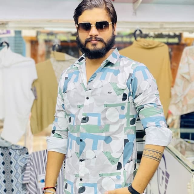 White, Light Blue, Green, Gray Shirt