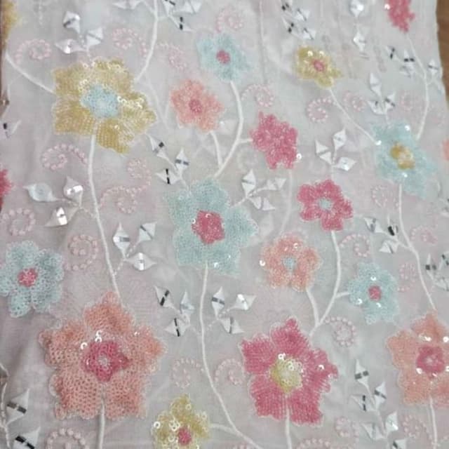 Pastel Pink, Light Blue, Pale Yellow, White, Silver Fabric