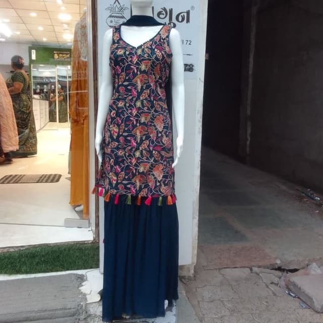 Navy blue, multicolor embroidery (red, orange, pink, green, gold) Kurta with skirt