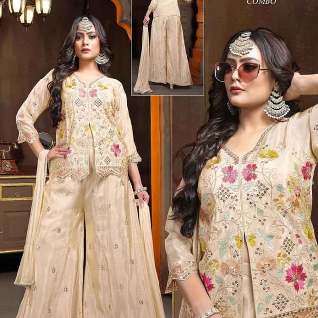 Beige, with floral embroidery in pink, yellow, and green Palazzo Suit Set