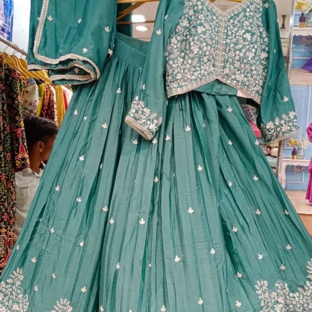 Teal, White Lehenga Choli