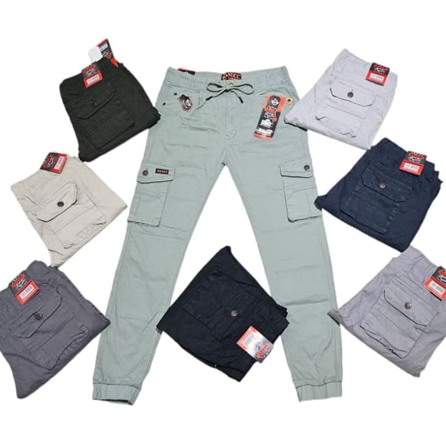 Various shades including light green, black, dark green, grey, and cream. Cargo Pants