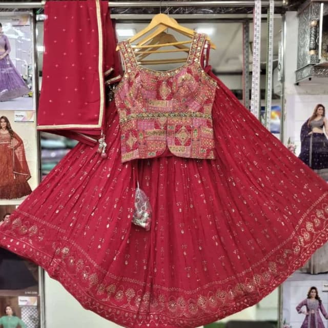 Red, Gold, Pink Lehenga Choli
