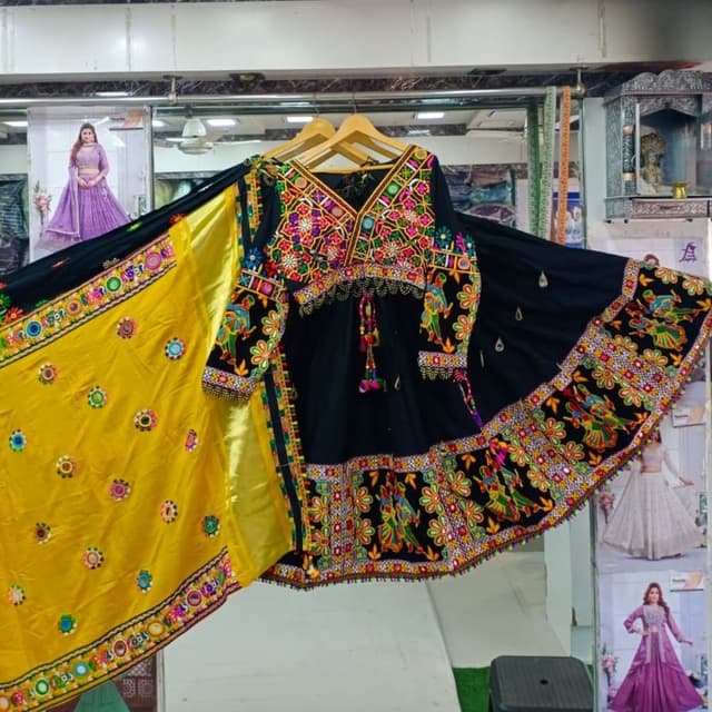 Black, Yellow, and Multicolored embroidery Dress with Dupatta