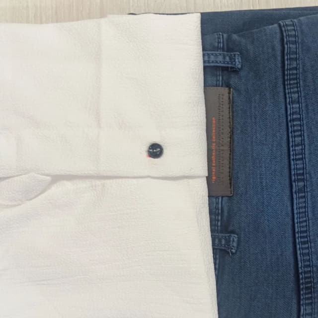White, Blue Shirt, Jeans