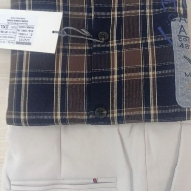 Navy Blue, Brown, and Beige Shirt and Trousers