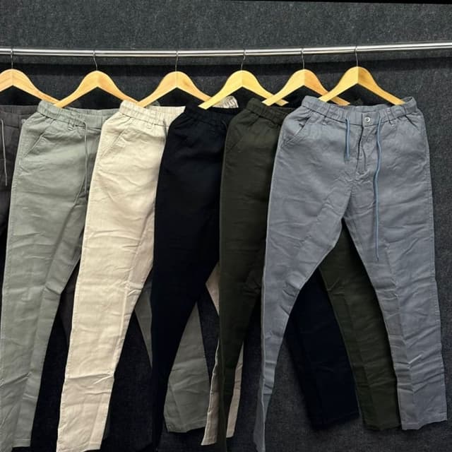 Variety of solid colors including gray, green, black, and beige. Pants
