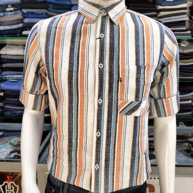 Cream, Orange, Blue, and Black Shirt