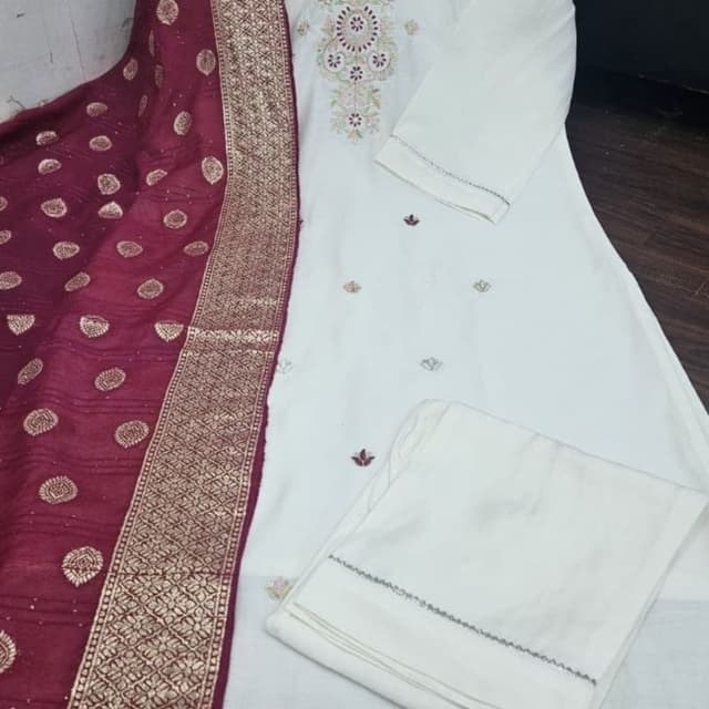 Ivory white, maroon, and gold Salwar Kameez with Dupatta