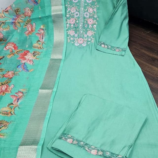 Sea Green, Floral Print with Pink, Red, and Blue accents Salwar Kameez with Dupatta