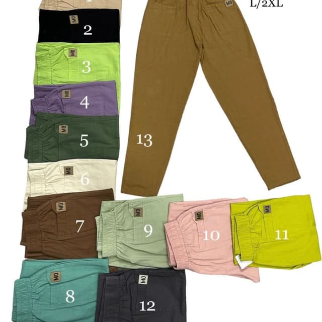 Various solid colors including black, green, purple, olive, beige, brown, light green, pink, and yellow. Pants