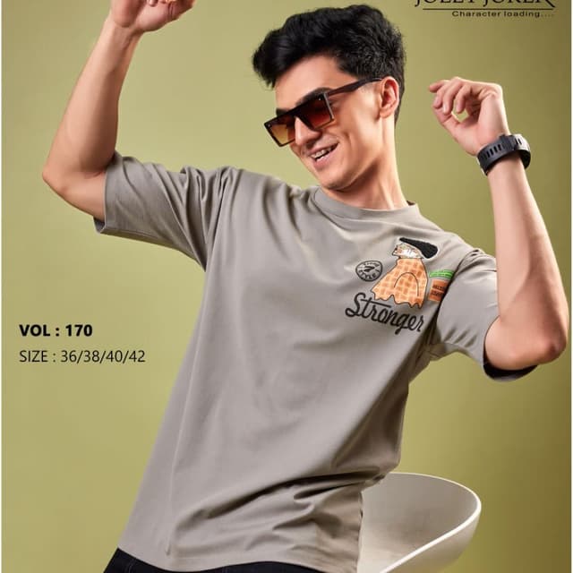 Gray, black, orange, green, and cream T-shirt