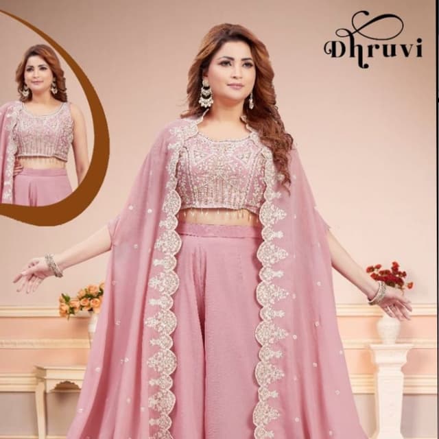 Pink with Silver/White accents Co-ord Set (Crop top, Palazzo Pants, and Cape)