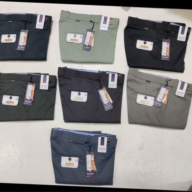 Various solid colors including black, green, gray and blue. Pants