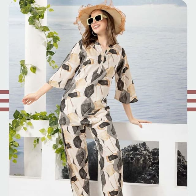 Beige, Black, and Tan Pajama Set