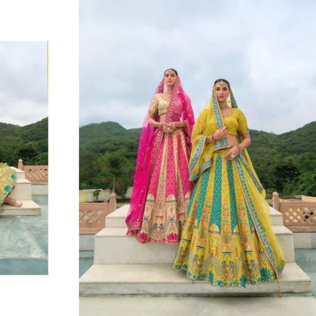 Pink, Beige, Yellow, Teal Lehenga Choli
