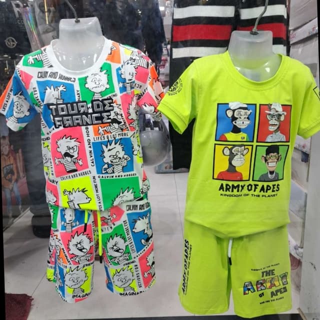 Bright, multicolored patterns featuring white, blue, orange, green, and pink on one set; Neon green on the other. T-shirt and Shorts Set