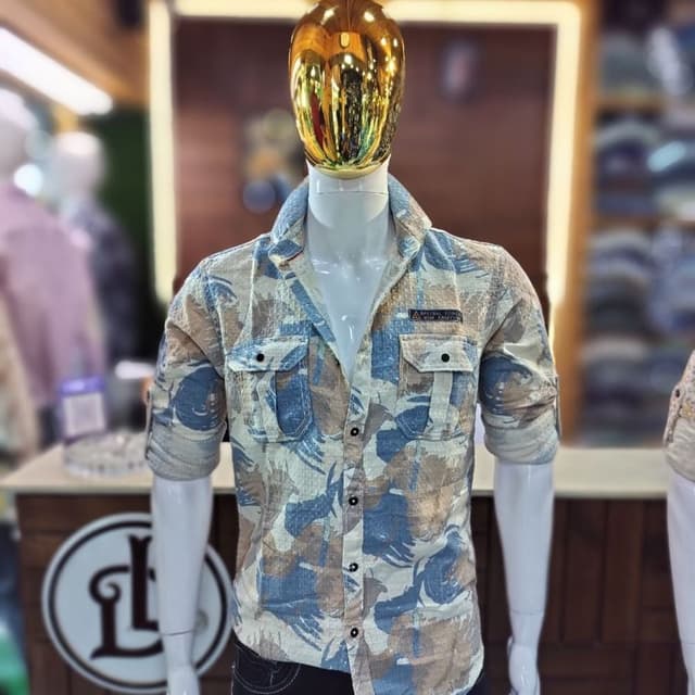 Blue, Beige, and Brown Camouflage Shirt