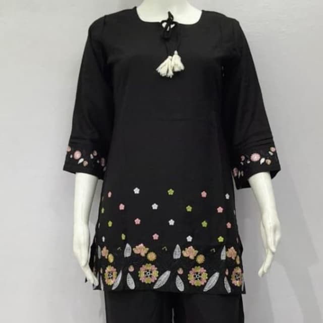 Black with floral embroidery in pink, yellow, white, and green Tunic