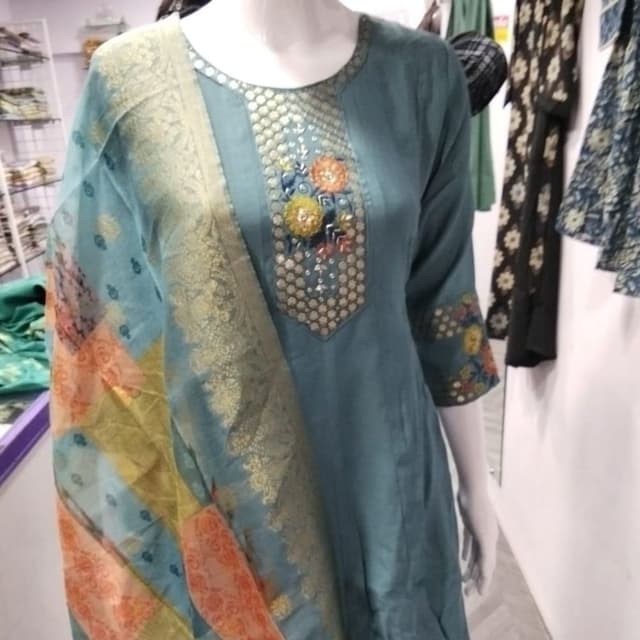 Teal, Gold, Orange, Yellow, and Red Kurta with Dupatta