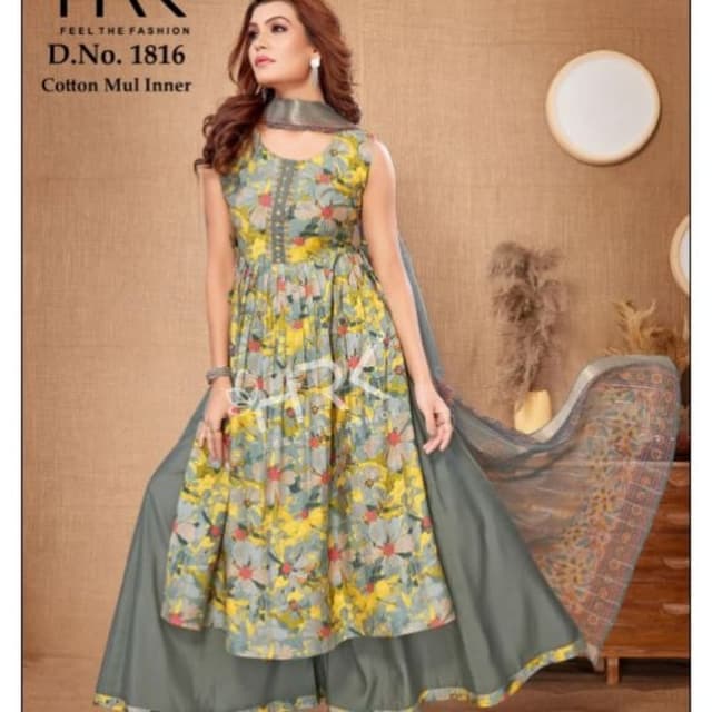 Yellow, Gray, Floral Print Salwar Kameez Set