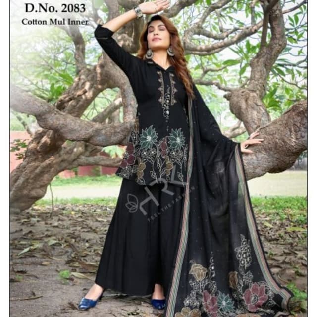 Black with multicolor floral embroidery and accents of green, brown, and red Salwar Kameez with Dupatta