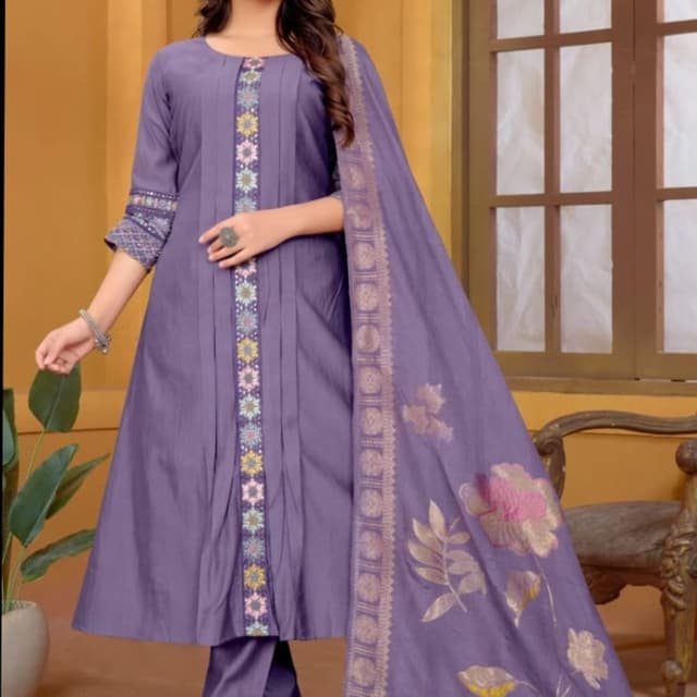 Purple with accents of white, yellow, and pink, with golden and grey details Salwar Kameez