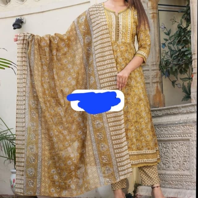 Mustard yellow, off-white Kurta with pants and dupatta set