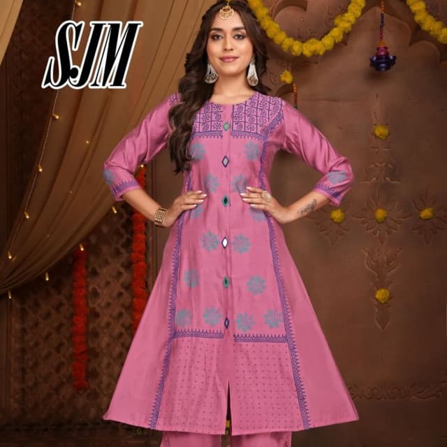 Pink with Purple and Teal accents Kurta with matching trousers