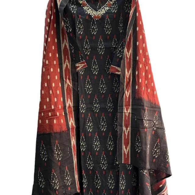 Black, Red, and Cream Kurta with Dupatta