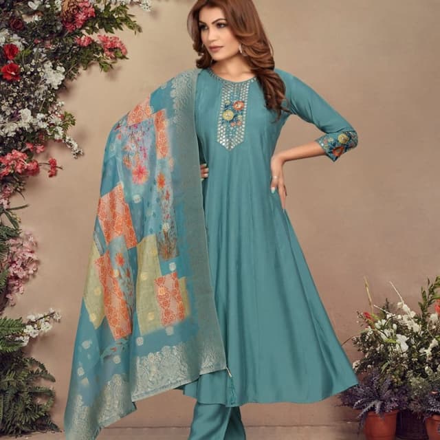 Teal, Orange, Blue, Multicolor Salwar Kameez