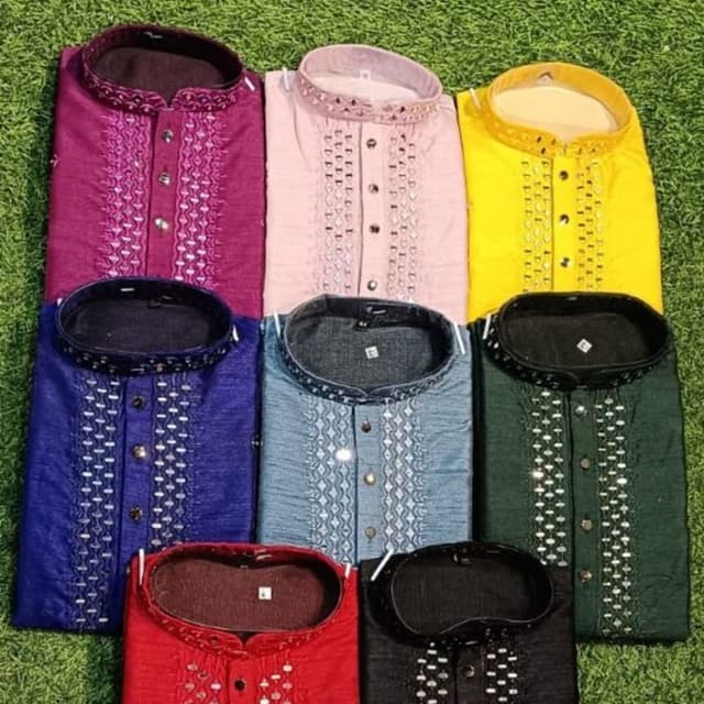 Various solid colors including maroon, pink, yellow, blue, teal, dark green, red, and black. Kurta