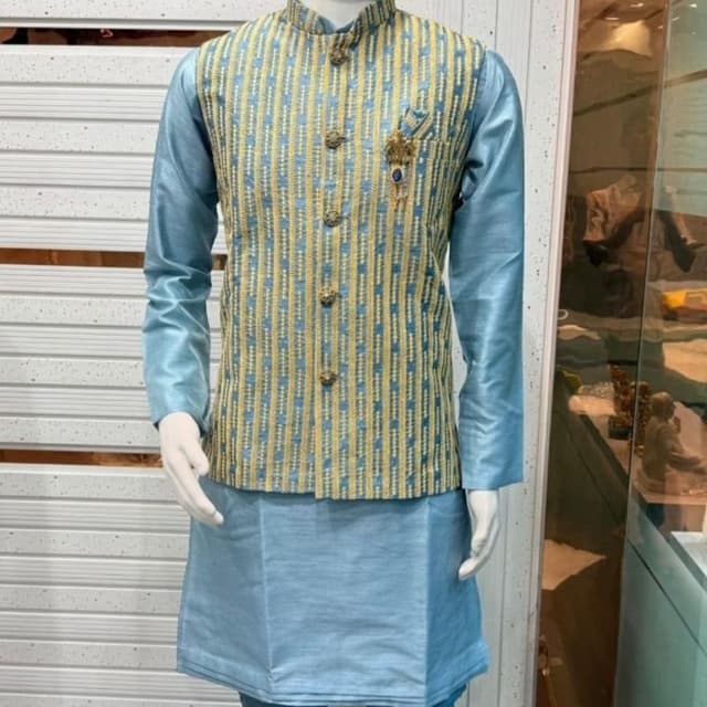 Blue and Gold Kurta and Waistcoat Set