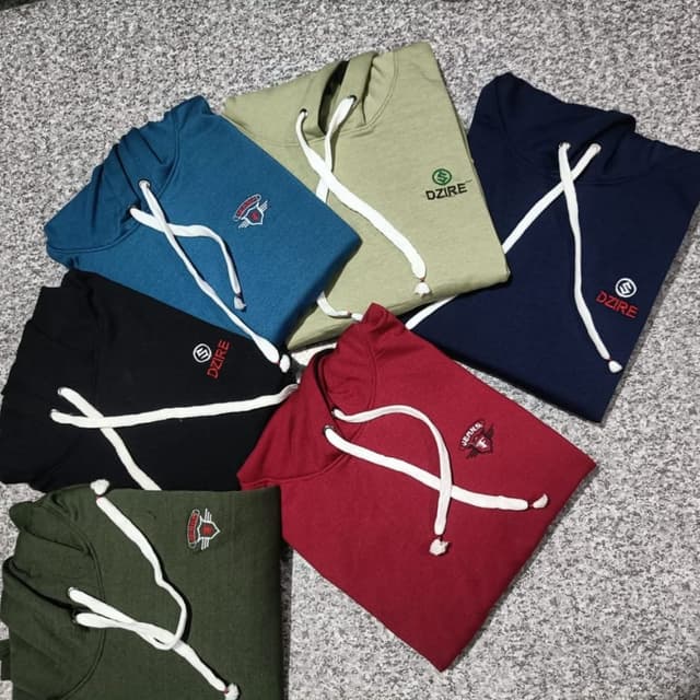 Various solid colors including blue, black, olive green, red, and beige. Hoodie