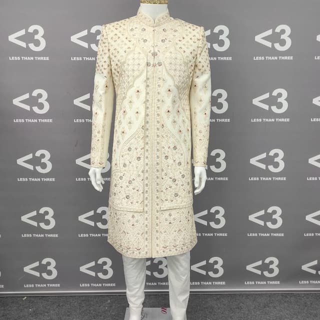Ivory, Beige, and hints of Red Sherwani