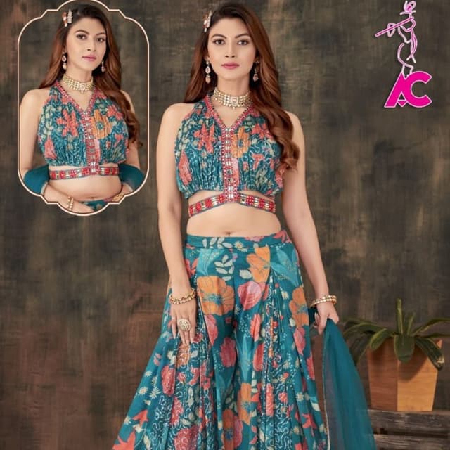 Teal, Orange, Red, and hints of green Lehenga Choli