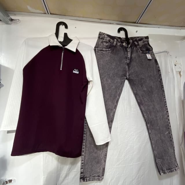 Burgundy, White, and Gray Outfit