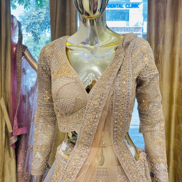 Gold, Beige Lehenga Choli