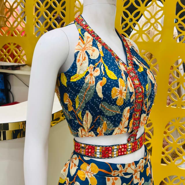 Blue, yellow, orange, red, and white Crop top and skirt set