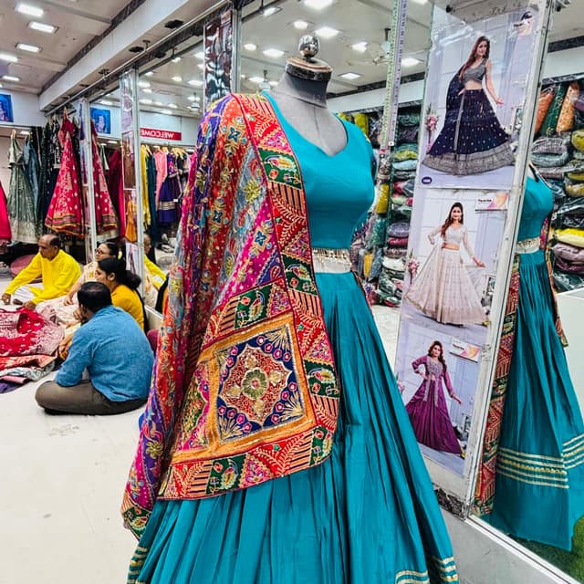 Teal, Multi-colored (red, pink, blue, gold, green) Lehenga Choli