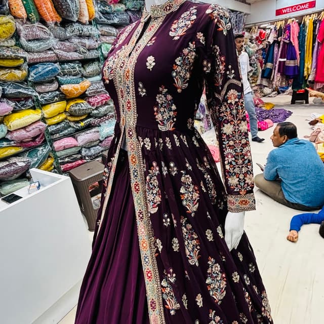 Deep Purple, with accents of cream, gold, and other pastel colors Anarkali Gown