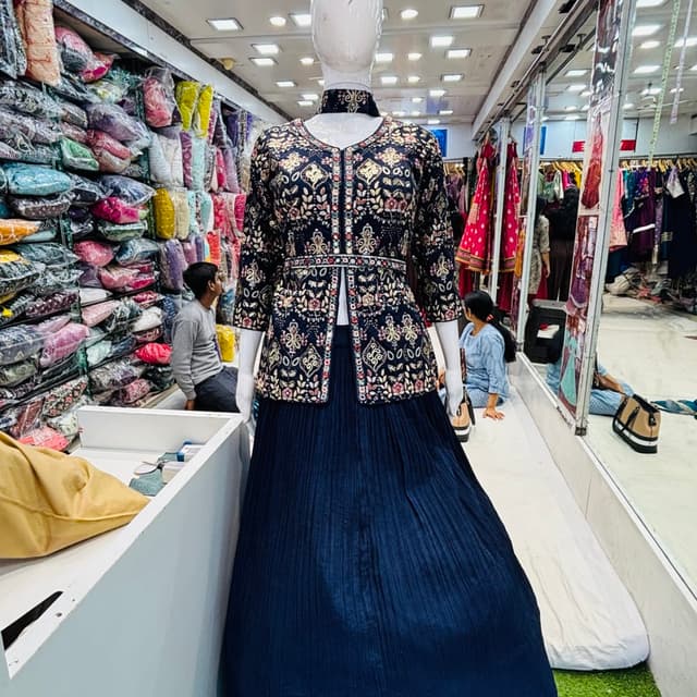 Navy Blue, Gold, Pink, Cream Lehenga Set