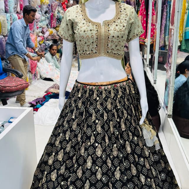 Black, Beige, Gold, and Pale Green Lehenga Choli