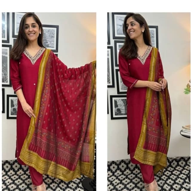 Burgundy, Gold, White Salwar Kameez