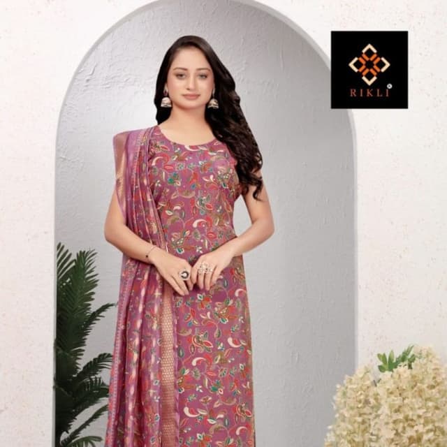 Mauve, with accents of red, green, and gold Salwar Kameez with a Dupatta