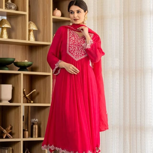 Red and White Anarkali Suit