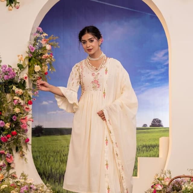 Off-white with pink and green accents Anarkali Suit